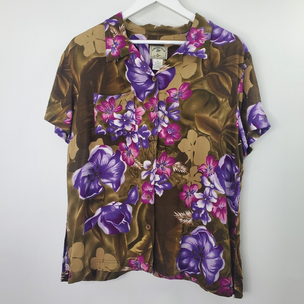Hawaiian Palm Floral Tropical Printed Button Up Shirt Brown